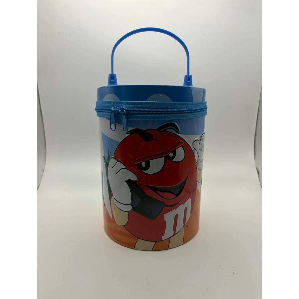 Vintage‎ 2003 M&MS Red Character Embossed Zipper Tin Lunch Box Blue Handle